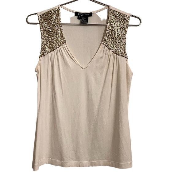 Etcetera Cream Sleeveless Top Gold Leather Laser Cut Accent S - Picture 1 of 6